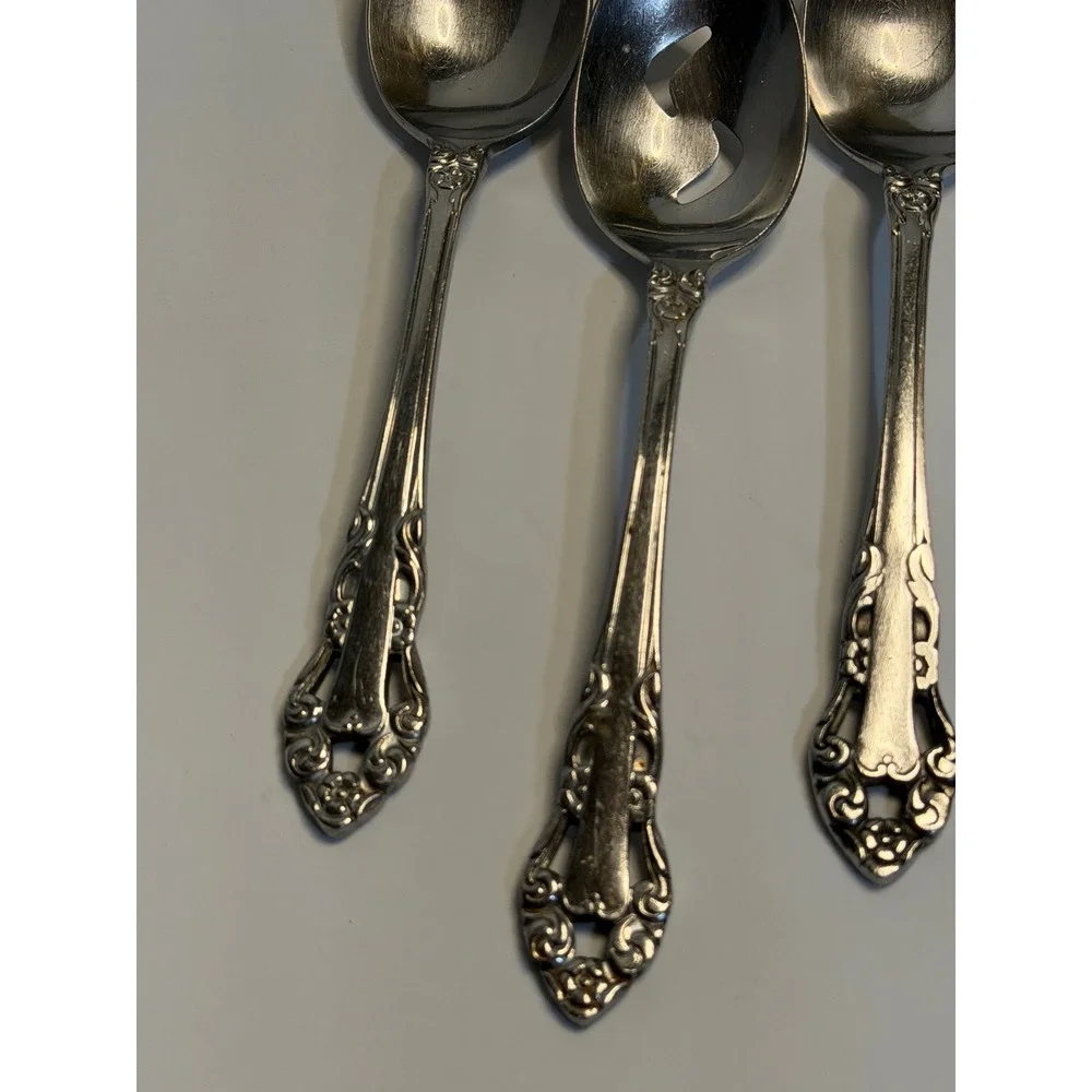 VTG Supreme Cutlery Silver Serving Spoons Slotted Floral Scroll Stainless Japan